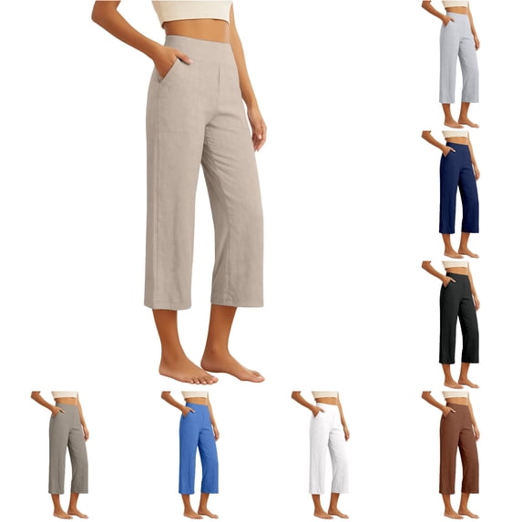 Rhuody Women Pants Wide Leg Loose Fit Elastic Waist Solid Color Trousers Fashion Wear M Beige