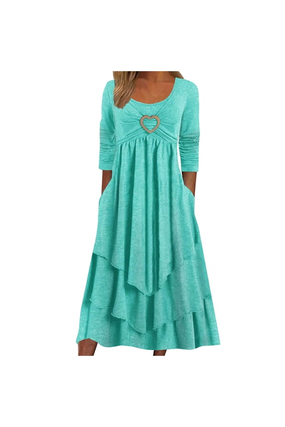 Women'S Dress Long Sleeve Dress Solid Color Crewneck Loose Flowy Ruched Dresses Classic Basic Clothes Green Xl