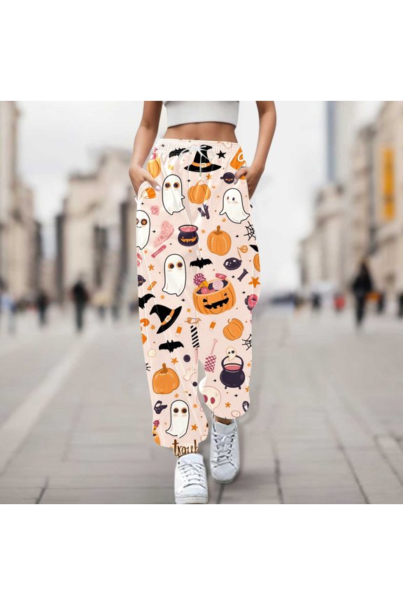 Women'S Halloween Pants Empire Waist Cartoon Graphic Staight Leg Ankle-Tied Loose Fit Sport Trousers With Pocket Classic Bottoms L Beige