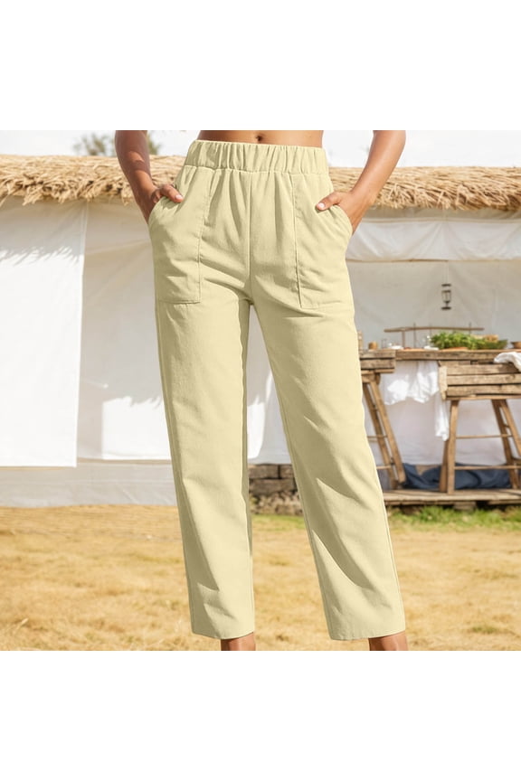Women'S Pants Straight Leg Pants Elastic Waist Trousers With Pockets High Waist Corduroy Slacks Basic Wear M Beige