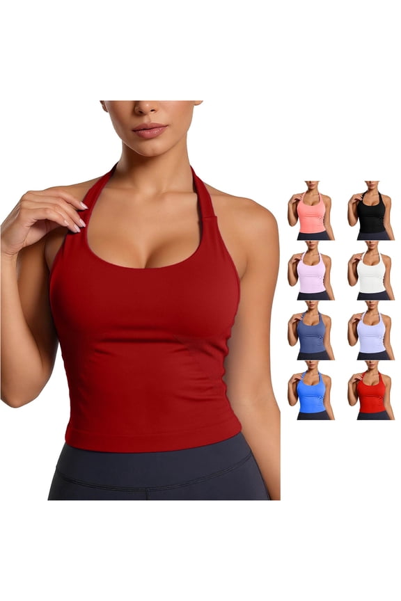 Women'S Tank Tops Halter Neck Top Round Neck Workout Yoga With Built In Bra Racerback Athletic Camisole Everyday Clothing 3Xl Red