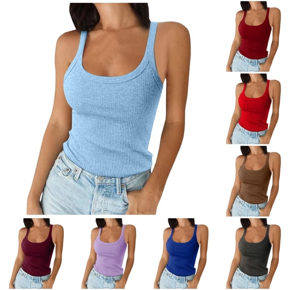 Rhuody Women'S Tank Tops Spaghetti Strap Round Neck Ladies Neck Ribbed Slim Fitted Camisole Basic Sleeveless Layering Shirts Leisure Wear 3Xl Light Blue