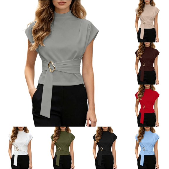 Rhuody Women'S Tops Short Sleeve Crew Neck Button Front Solid Color Tee Fashion Women'S Clothing Light Gray