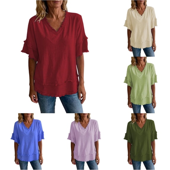 Rhuody Women'S Tops Short Sleeve V Neck Loose Color T Shirt Women'S Clothing