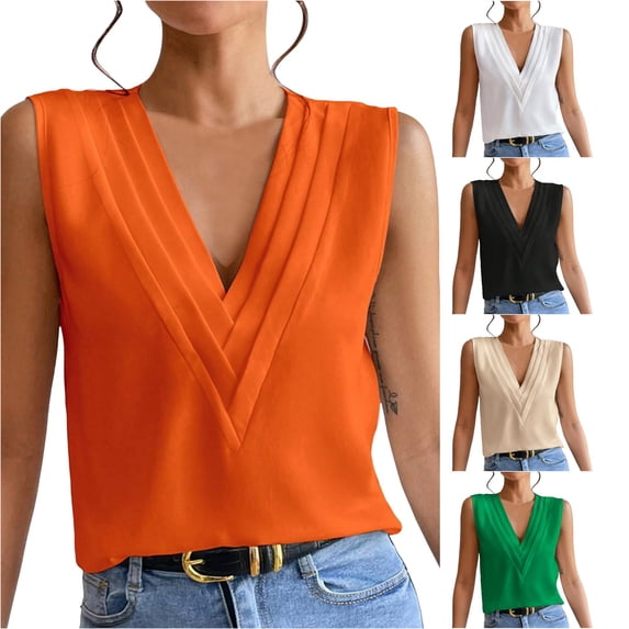 Rhuody Women'S Tops, Tees & Blouses Sleeveless Summer V Neck Solid Color Tank Tops Wear Orange