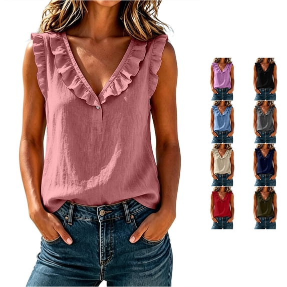 Rhuody Women'S Tops, Tees & Blouses V Neck Tank Tops Summer Loose Fit Solid Color Ruffle Blouse Wear Pink