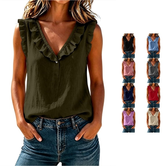 Rhuody Women'S Tops V Neck Tank Tops Summer Loose Fit Solid Color Ruffle Blouse Womens Clothes Army Green
