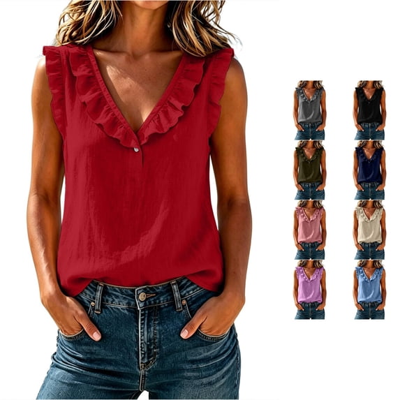 Rhuody Women'S Tops V Neck Tank Tops Summer Loose Fit Solid Color Ruffle Blouse Womens Clothes Red