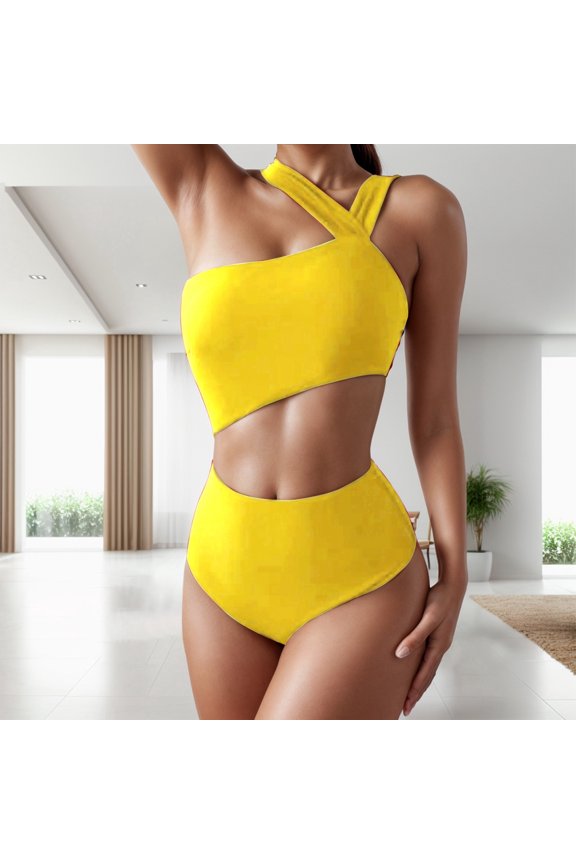 Women Summer Swimsuit Summer Fashion Bikini Swimsuit High Waist Covering Belly Solid Color Beach Split Swimsuit Cute Wear S Yellow