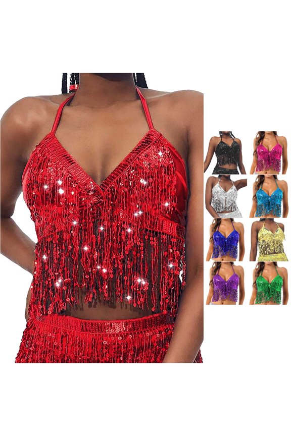 Women Tank Tops Crewneck Halter Neck Top Belly Dance Sequin Bra Tassel Camis Elegant Clothing 6Xl Silver