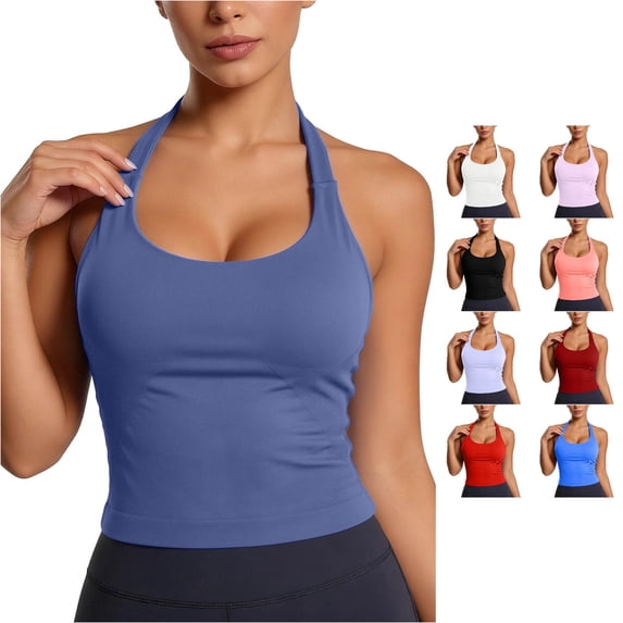 Rhuody Women Tank Tops Halter Neck Top Round Neck Workout Yoga With Built In Bra Racerback Athletic Camisole Everyday Wear 5Xl Blue2