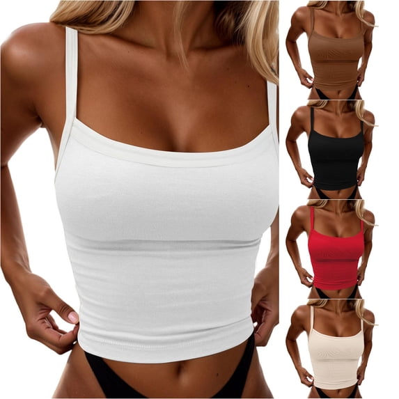 Rhuody Women Tank Tops Spaghetti Strap Round Neck Slim Fit Cropped Camisole Stretchy Sleeveless Summer T Shirt Basic Clothes 3Xl White