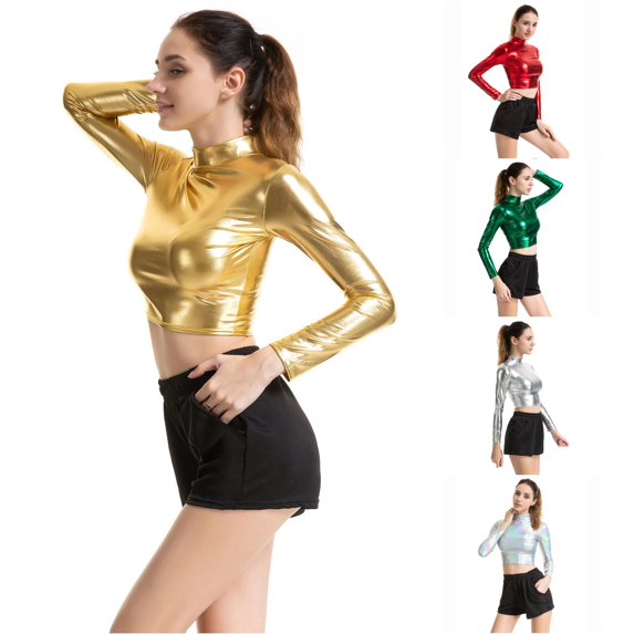 Rhuody Women Tops Long Sleeve Performance Shirt Slim Fit High Neck Solid Color T Shirt For Dance Yoga Workout Leisure Womens Clothes Gold
