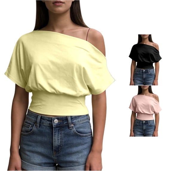 Rhuody Women Tops Sleek Off The Shoulder Solid Color Short Sleeve Tops Women'S Clothing Yellow
