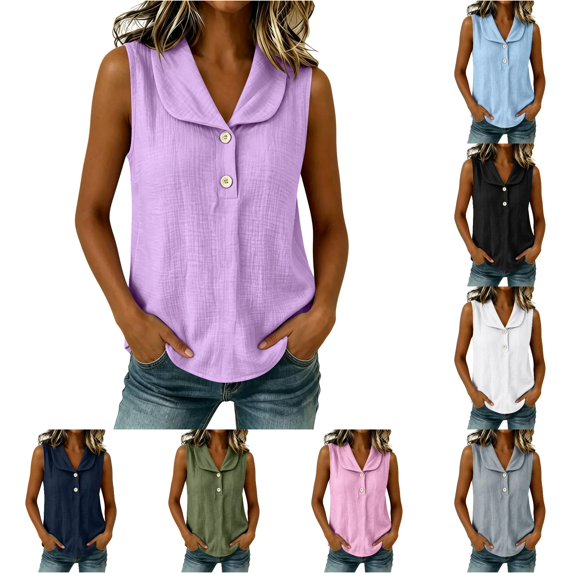Rhuody Women Tops Sleeveless Button Front Shirt For Summer Slouchy Crewneck Tank Tops Womens Clothes Purple