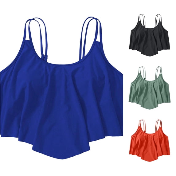 Rhuody Women Tops Solid Color Bikini Tops Full Coverage Tankini Top Double Layer Swim Bras Flounce Bathing Suit Elegant Clothes 3Xl Blue