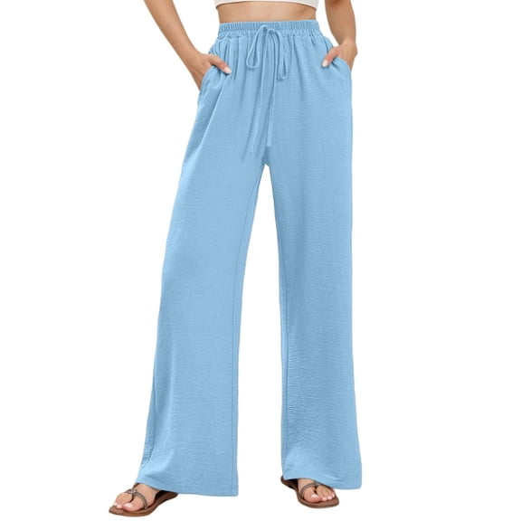 Rhuody Womens Casual Pants Ladies High Waist Wide Trousers Summer Palazzo Trousers And Light Elegant Trousers With Pockets And Drawstring Simple Wear Blue 2Xl