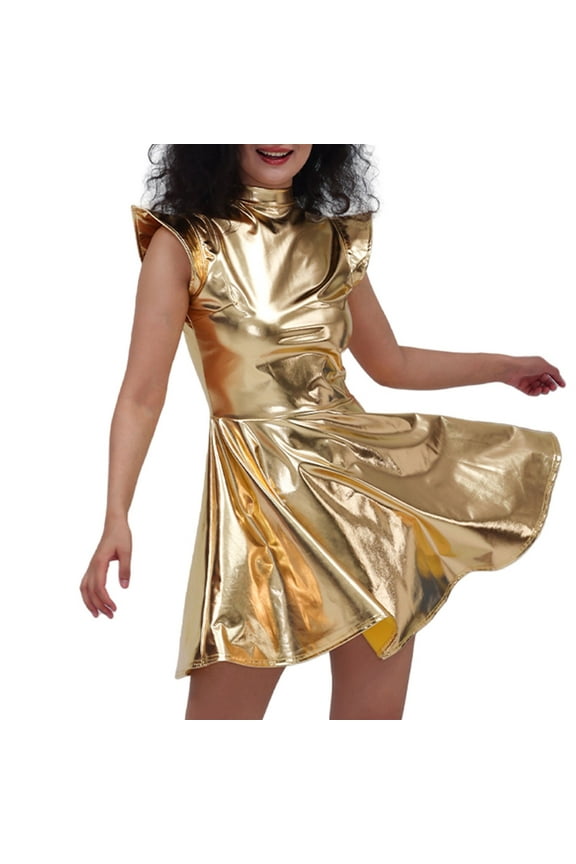 Womens Dress Sleeveless Sequin Dress Gold Leather Solid Color Pleated Skirt Crewneck Date Wear Adorable Simple Clothes Gold 2Xl