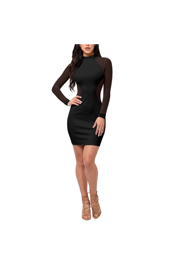 Womens Dresses Long Sleeve Cocktail Round Neck Mesh And Solid Color Outfits Dresses Fashion Clothing L Black