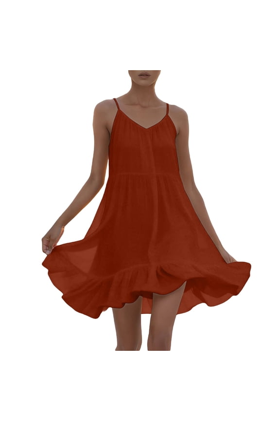 Womens Dresses Neck Summer A Line Ruffle Sleeveless Flowy Dresses Retro Clothes L Red