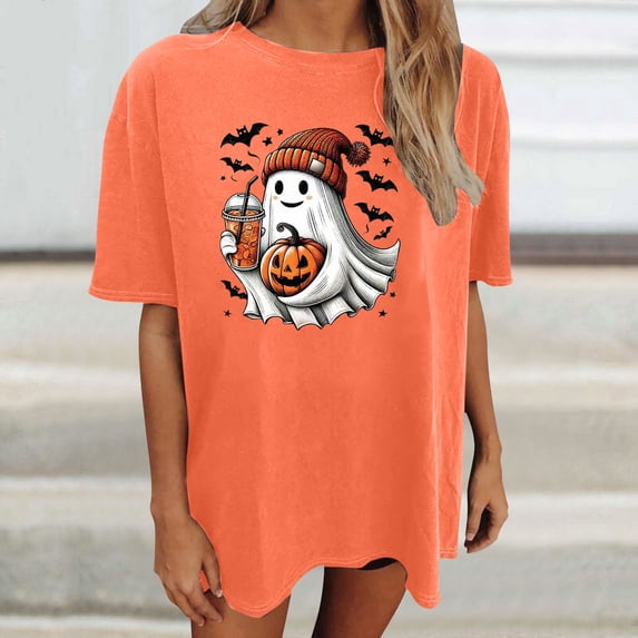 Rhuody Womens Halloween Oversize T Shirts Short Sleeve Tee Graphic Prints O Neck Hallowmas Tops Durable Fall Wear 5Xl Orange