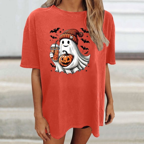 Rhuody Womens Halloween Tshirt Short Sleeve Tee Graphic Prints O Neck Hallowmas Tops Basic Fall Clothing 3Xl Red