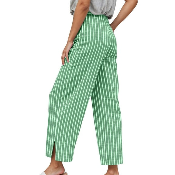 Rhuody Womens Pants Casual Stylish Striped Loose Fit High Waist Nine Inch Straight Leg Trousers Lightweight Daily Wear Green Xl