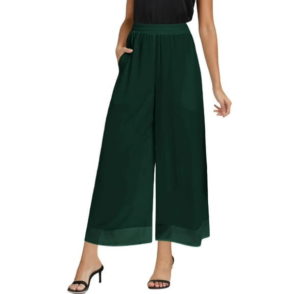Rhuody Womens Pants Flowy Wide Leg Pants High Waisted Elastic Waistband Chiffon Trousers With Pockets Fashion Clothing Dark Green L