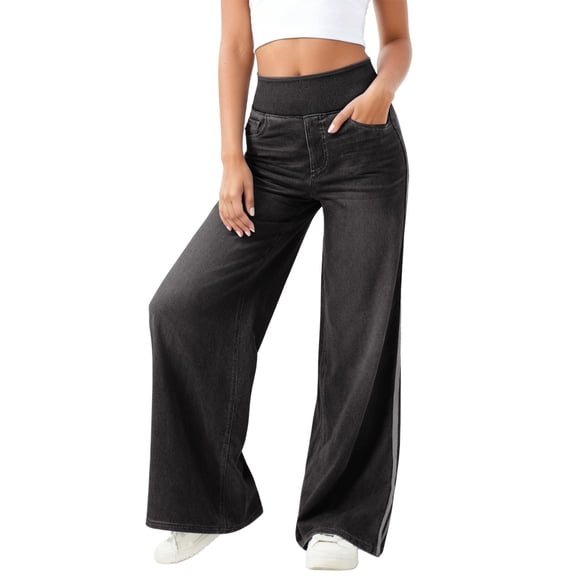 Rhuody Womens Pants High Waist Side Stripe Jeans For High Street Loose Fit Wide Leg Cargo Trousers Classic Clothes Black S