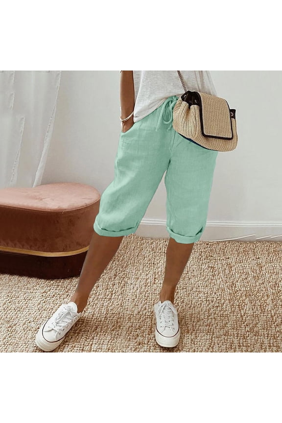 Womens Pants Straight Leg Capris Pants With Large Pocket High Waist Trousers Solid Color Slacks Basic Trousers M Green