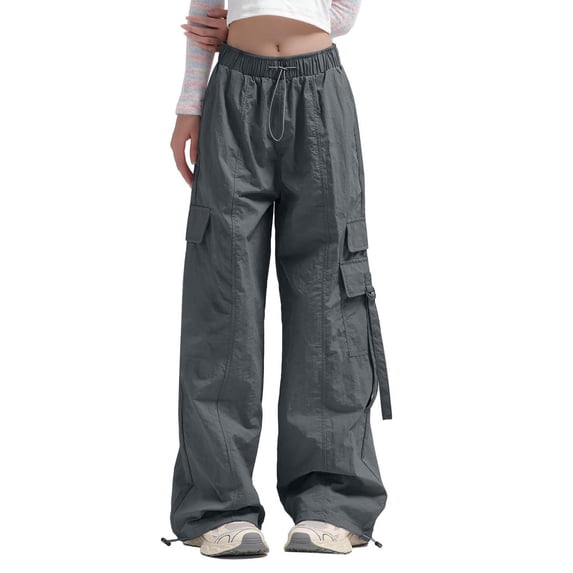 Rhuody Womens Pants Wide Leg Cargo Pants For Lady With Side Pocket Mid Waisted Travel Streetwear Baggy Stretchy Pant Relax Fit Wear Dark Gray L