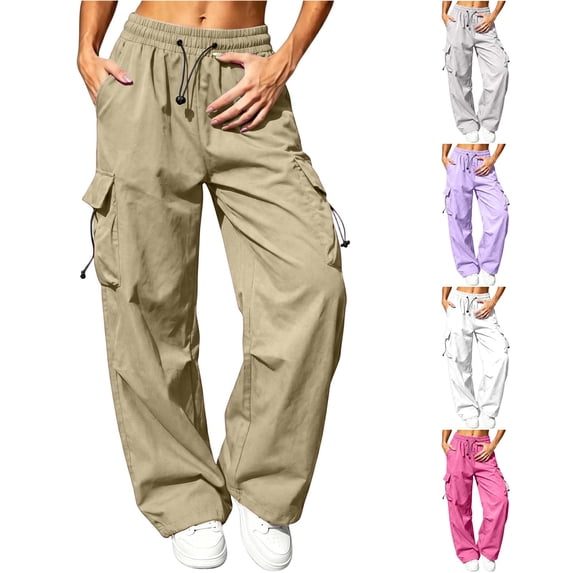 Rhuody Womens Pants Wide Leg Loose Fit Elastic Waist Solid Color Trousers With Pocket Charm Bottoms 2Xl Khaki