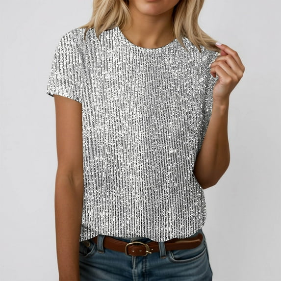 Rhuody Womens Spring Tops Round Neck T Shirt Withable And Shiny Sequined Short Sleeved T Shirt Paired With Solid Colored T Shirt Retro Clothes White M