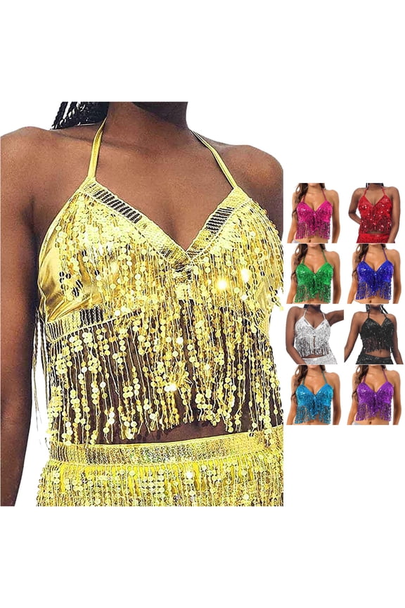 Womens Summer Tank Tops Crewneck Halter Neck Top Belly Dance Sequin Bra Tassel Camis Everyday Wear 3Xl Green