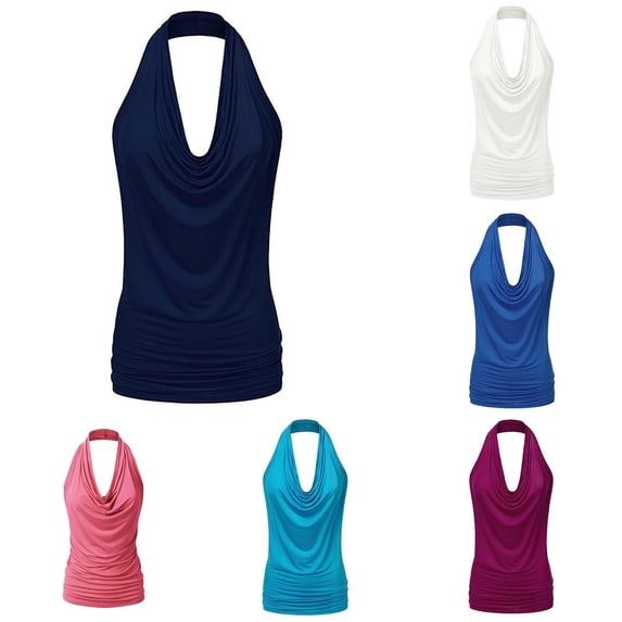 Rhuody Womens Summer Tank Tops Halter Neck Top Drape Cowl Neck Ladies Drape Cowl Neck Tank Blouse Backless Sleeveless Vest Simple Clothing 3Xl Bu1
