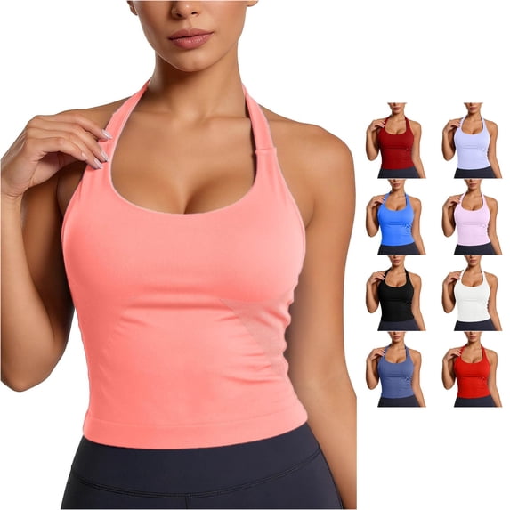 Rhuody Womens Summer Tank Tops Halter Neck Top Round Neck Workout Yoga With Built In Bra Racerback Athletic Camisole Simple Wear 5Xl Watermelon Red2