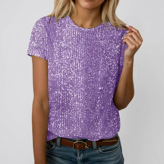 Rhuody Womens Summer Tops Round Neck T Shirt Withable And Shiny Sequined Short Sleeved T Shirt Paired With Solid Colored T Shirt Leisure Wear Pp2 Xl