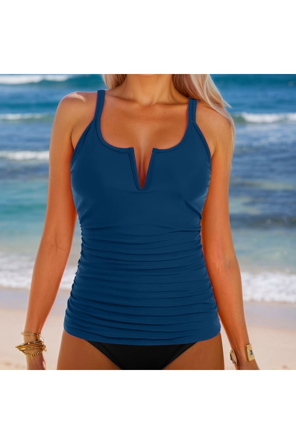 Womens Swim Tops Solid Color Swimwear Tankini Set Bikini Top Sleeveless Beach Pool Tank Tops Cute Beach Wear Dark Blue L