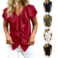 thumbnail image 1 of Rhuody Womens T Shirts Short Sleeve Blousant With Ruffle Collar Simple Wear Red, 1 of 4