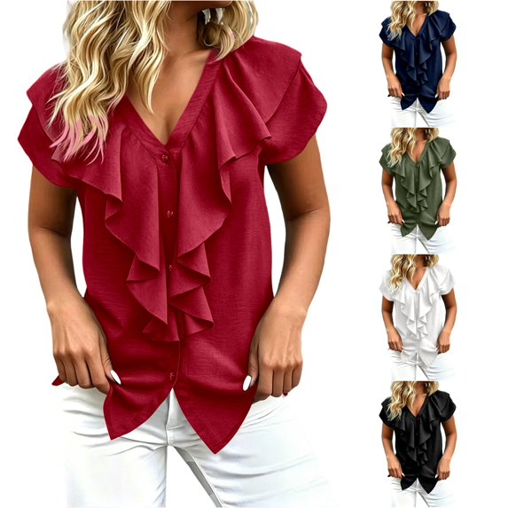Rhuody Womens T Shirts Short Sleeve Blousant With Ruffle Collar Simple Wear Red