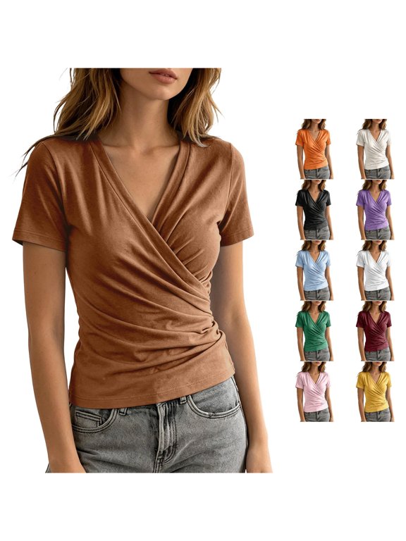 Womens T Shirts Short Sleeve Wrap Top V Neck Slim Fit Solid Color Tee Classic Wear Brown