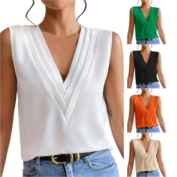 Rhuody Womens T Shirts Sleeveless Summer V Neck Solid Color Tank Tops Wear White