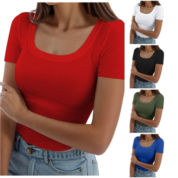 Rhuody Womens T Shirts Summer Short Sleeve Square Neck Ribbed Slim Fitted Shirts Tee Tshirt Women Clothing Red