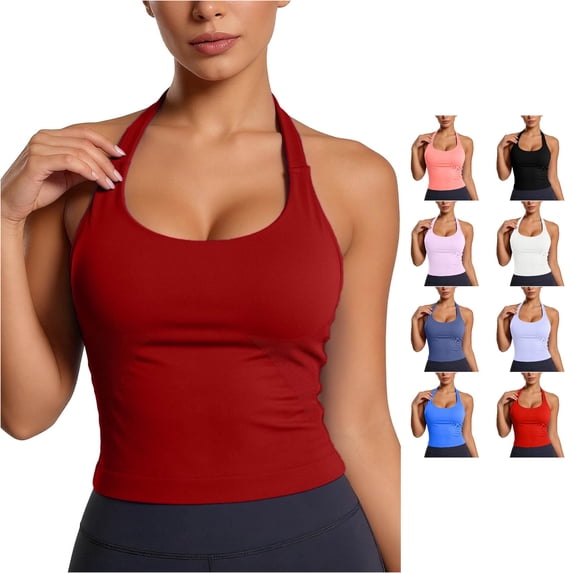 Rhuody Womens Tank Tops Halter Neck Top Round Neck Workout Yoga With Built In Bra Racerback Athletic Camisole Versatile Wear 5Xl Red