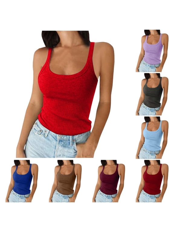 Womens Tank Tops Sleeveless Solid Color Spaghetti Strap Neck Slim Fit Camisole Classic Wear Xs Red