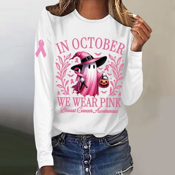 Rhuody Womens Tops In October Wear Halloween Breast Cancer Awareness Long Sleeve T Shirt Women Clothing White