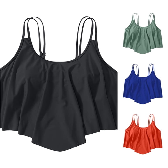 Rhuody Womens Tops Solid Color Bikini Tops Full Coverage Tankini Top Double Layer Swim Bras Flounce Bathing Suit Fashion Clothes Xl Black