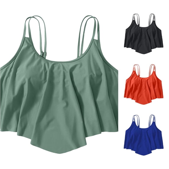 Rhuody Womens Tops Solid Color Bikini Tops Full Coverage Tankini Top Double Layer Swim Bras Flounce Bathing Suit Simple Clothing Xl Green