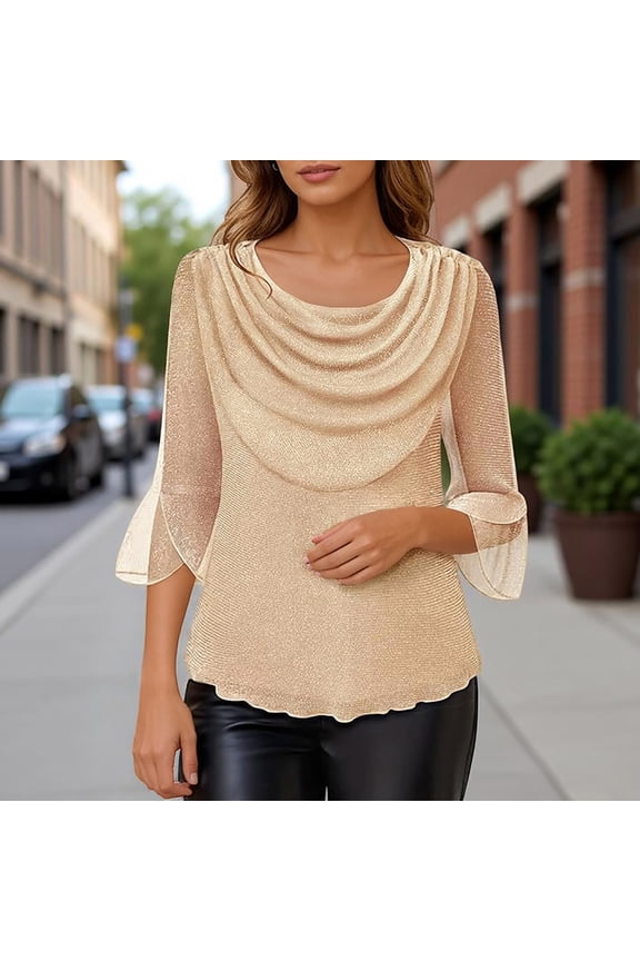 Womens Tops T Shirt With Draped Neckline And Sheer Mesh Sleeves Blouse Fashion Clothes Beige L
