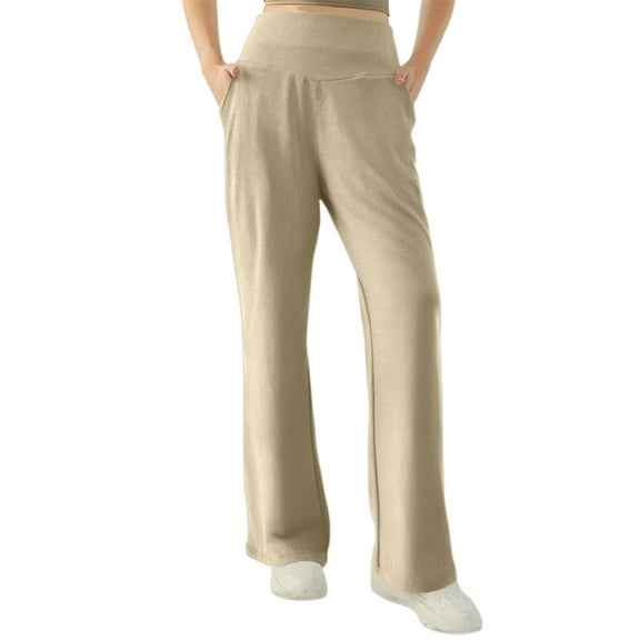 Rhuody Womens Yoga Pants Lady’S Straight Leg Pants With Pockets Loose Fit Solid Color Trousers Cute Leggings Beige L